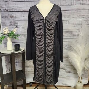 Yest Black Grey Zippered Front Long Sleeve V-Neck Dress‎